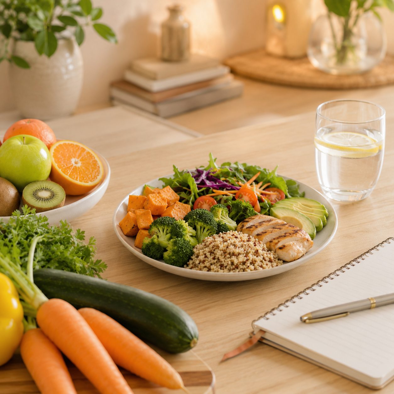 Prato completo com quinoa, frango grelhado, legumes e abacate sobre a mesa