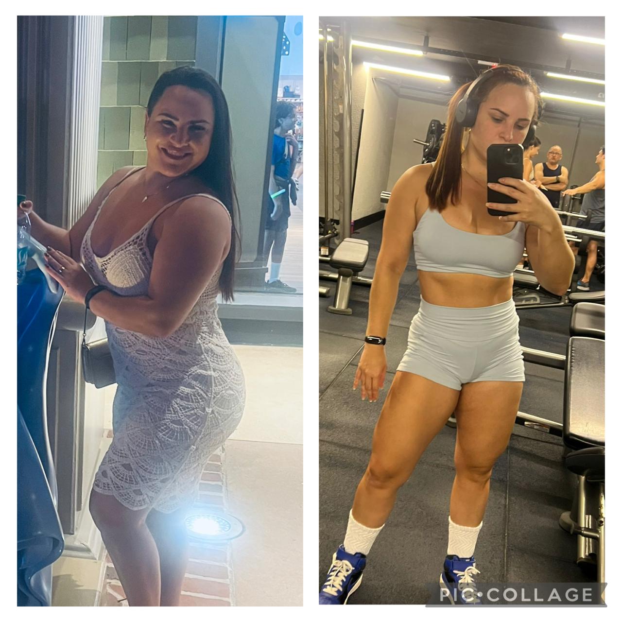 Antes e depois de paciente: à esquerda antes do acompanhamento, à direita com composição corporal transformada na academia