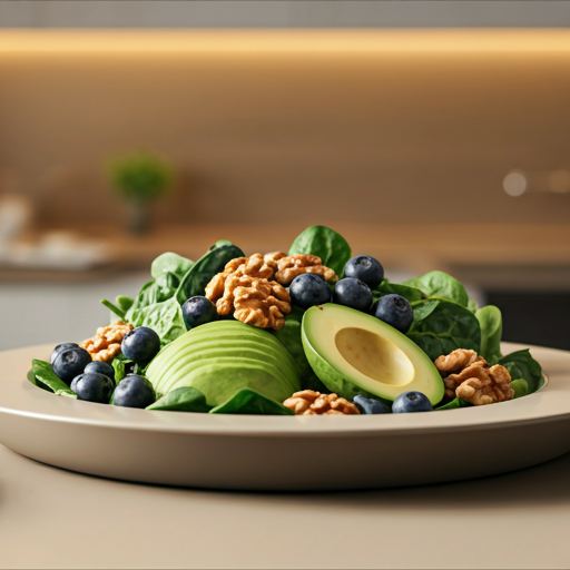 Salada fresca com folhas verdes, frutas vermelhas e castanhas